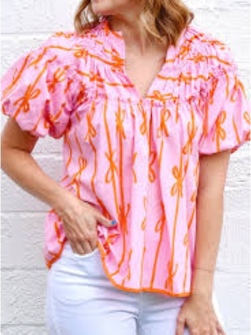 Umgee Pink Blouse with Orange Bow Print